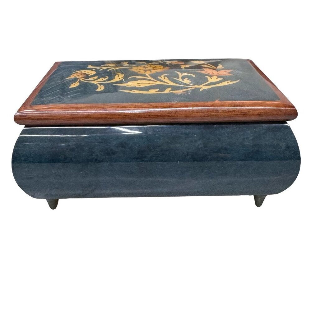 Reuge Inlaid Floral Jewelry Music Box Green Rectangle Italy Song Fascination VTG - Picture 5 of 11